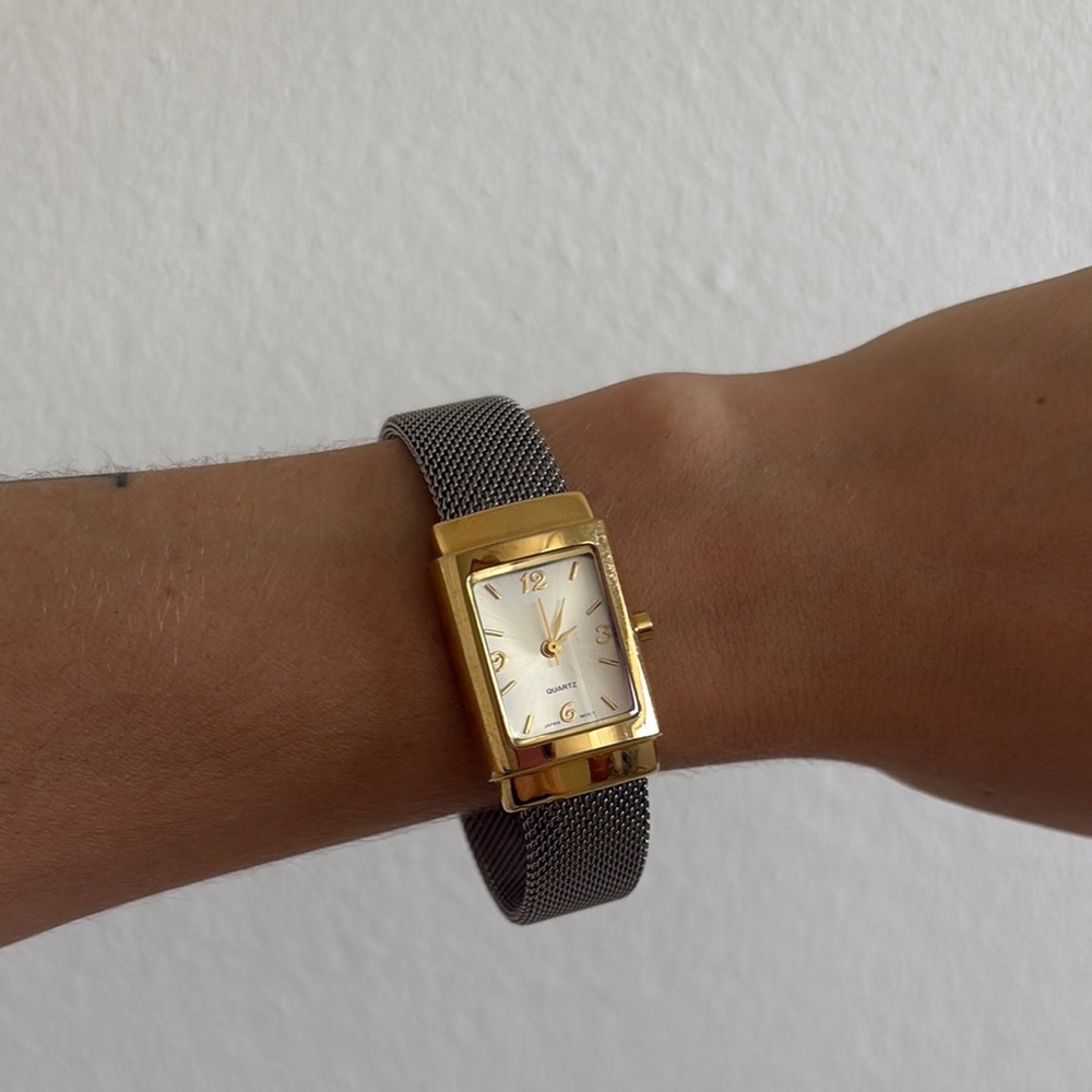 Gold Rectangular Watch With Mesh Strap - image 1